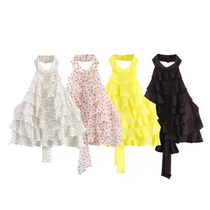 Dames Mode Halternek Mouwloze Top Georgette Gelaagde Ruches Polka Dot Rugloos Strik Sexy Slim Fit Zomer Casual Top