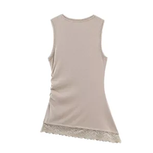 Close-up detailed back view of casual sleeveless top with side ruching and lace