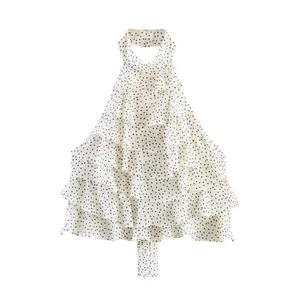 Elegante haltertop van georgette met polkadots en stijlvolle ruches voor dames