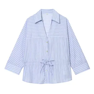 Women's Casual Striped Long Sleeve Shirt Fashionable Bow Tie Waist Button Down Blouse Office Lady Elegant Top