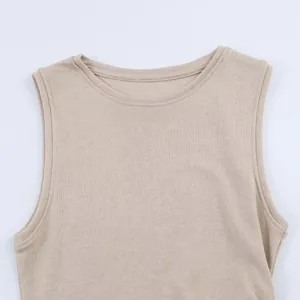Close-up detail of a minimalist beige knit sleeveless tank top with ribbed crew neckline