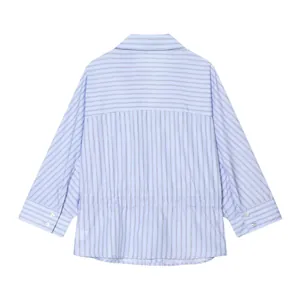 Detailed back view of a light blue striped long sleeve shirt with cinched waist design