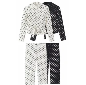 Conjunto Informal de Mujer con Lunares Camisa de Manga Larga y Pantalones Parte Superior e Inferior Conjunto Lazo Cintura Estilo Occidental