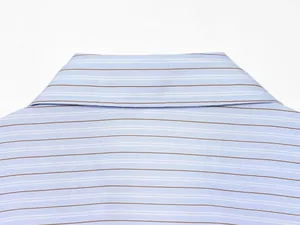 Close-up detail of a blue striped shirt collar with brown and white lines