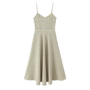 Women Sexy Spaghetti Strap V Neck Gingham Plaid Midi Dress Vintage High Waist A Line Flared Hem Textured Summer Dress