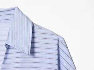 Macro detail of a light blue striped shirt collar showing high quality fabric texture