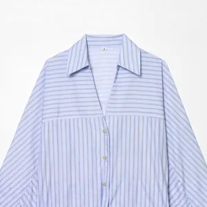 Fashionable light blue vertical striped shirt for women with classic collar detail