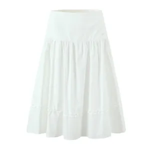 Elegant white A-line skirt featuring a ruffled hem and side button details for women