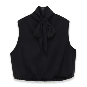 Top Plisado Sin Mangas de Cuello Alto para Mujer Elegante Blusa de Poliéster con Lazo Moda Casual Estilo Socialité Top