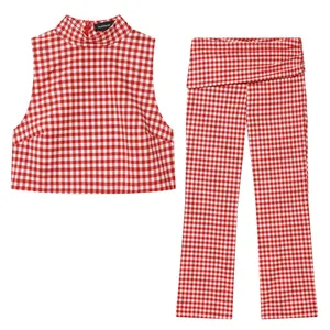Women Casual Gingham Plaid Top And Bottom Sleeveless High Neck Crop Top High Waist Flare Pants Red White Grid Street Style Outfit