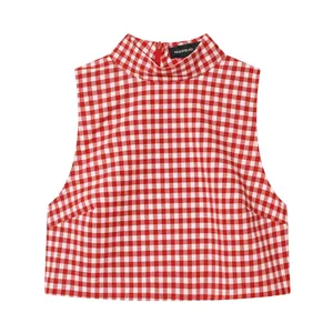 Red and white gingham high-neck sleeveless cropped top for fashionable summer outfits