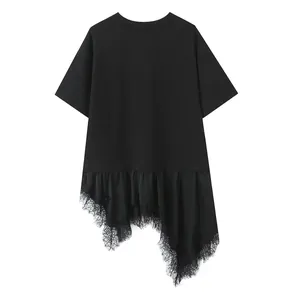 Detailed view of black asymmetrical T-shirt with lace splicing and ruffled hemline
