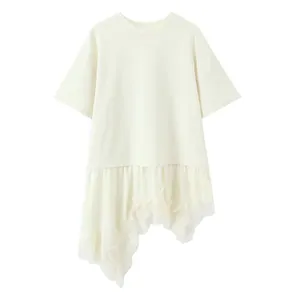 Elegant cream short sleeve T-shirt featuring a unique asymmetric lace patchwork hem design
