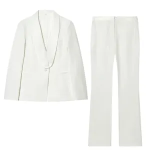 Women Elegant White Shawl Collar Blazer Jacket And High Waist Wide Leg Pants Top And Bottom European Professional Office Suit