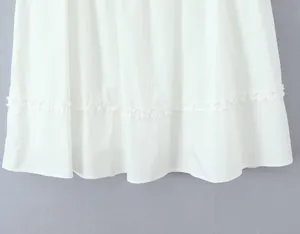 Close-up detail view of a white mini A-line skirt featuring a delicate ruffled hemline.