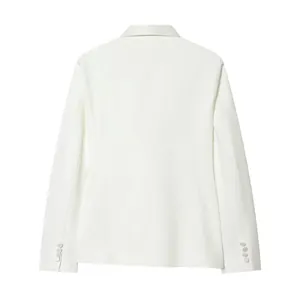 Back view of a sleek white tailored blazer for women with refined button cuff details