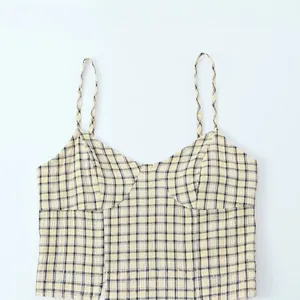 Fashionable yellow and black plaid camisole midi dress with elegant thin straps
