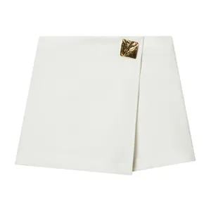 Women's Fashion Asymmetrical Skort White High Waist Wrap Short Skirt With Gold Metal Buckle Streetwear Polyester Bottoms
