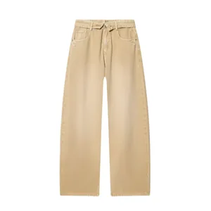 Pantalon Jean Femme Mode Taille Repliée Jambe Droite Taille Haute Kaki Décontracté en Denim pour Streetwear Femme Mode