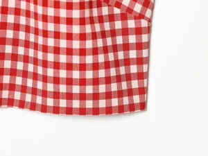 Close-up detail of red and white gingham fabric texture and hem stitching on garment.