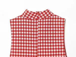 Close-up detail of red and white gingham checkered sleeveless high neck crop top with zipper.