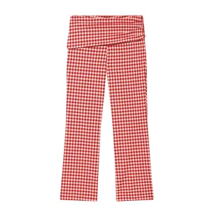 Detailed view of red and white gingham flare pants with high fold-over waistband