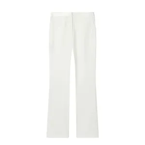 Detailed front view of elegant white high-waisted tuxedo style flared trousers for women