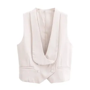 Gilet de Costume pour Femmes Mode Col Châle Double Boutonnage Coupe Ajustée Polyester Couleur Unie Élégant Bureau Soirée Top