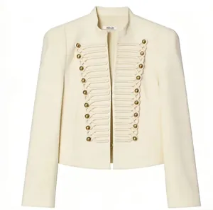 Detailed view of cream women's military blazer with gold buttons and rope frogging