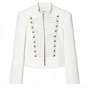 Detail view of white military style blazer with gold buttons and shoulder pads