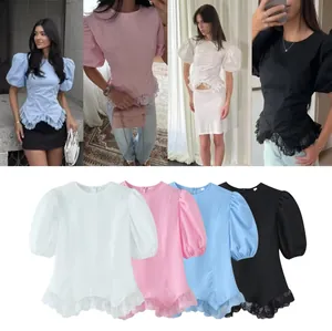 Women Fashion Puff Sleeve T-Shirt Elegant Lace Trim Round Neck Short Sleeve Top Casual Solid Color Polyester Blouse For Women