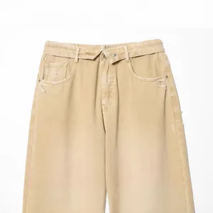 Jean élégant pour femme à taille moyenne avec taille repliée en denim de couleur kaki