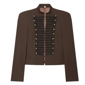 Stylish brown military style jacket with decorative gold buttons and shoulder pads
