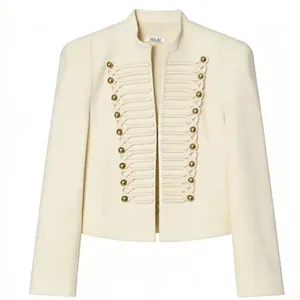 Elegant cream military-style blazer with decorative gold buttons and shoulder pads