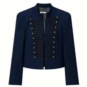 Women's navy blue slim fit military blazer with gold buttons and shoulder pads