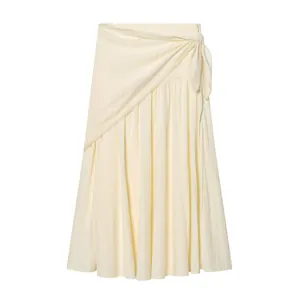 Women Elegant Cream Midi Skirt Wrap Scarf Design Lace Trim Side Tie-Up Pleated Solid Color Polyester High Waist Skirt