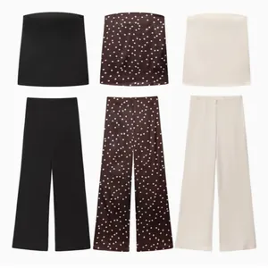 Tube Top Look Satiné et Pantalon Large pour Femme Ensemble Décontracté Mode Pois Couleur Unie Haut ou Bas Vêtement