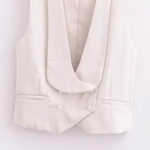 Gilet blazer sans manches blanc cassé élégant avec col châle et boutons croisés pour femme