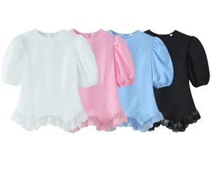 Detail view showing puff sleeve tops with lace trim in white, pink, blue, and black colors.