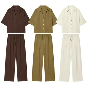 Women Casual Vertical Crinkle Texture Short Sleeve Lapel Button Shirt Or High Waist Wide Leg Long Pants Solid Color Fashion Top Bottom