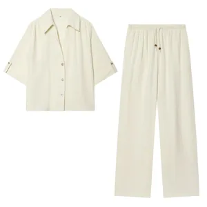 Stylish cream-colored short-sleeved lapel shirt and wide-leg pants two-piece set