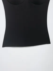 Detail shot of black nylon blend slim fit camisole top with built-in cups.