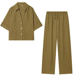 Elegant olive green two-piece set featuring lapel shirt and wide-leg trousers