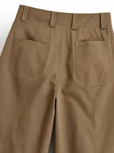 Detailed back view of brown cargo bucket pants featuring large utility pockets and stitching
