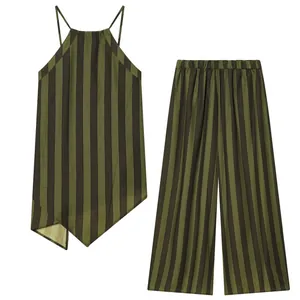 Women Casual Striped Halter Irregular Hem Top And Wide Leg Pants Army Green Sleeveless Top High Waist Bottoms Co-ord Set