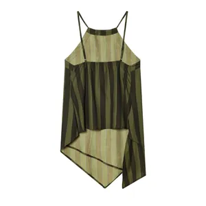 Stylish women's asymmetrical striped halter top in olive green and black shades
