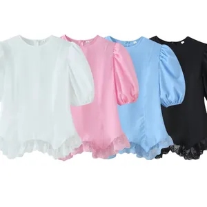 Women's chic puff sleeve short sleeve tops with delicate lace hem in four colors