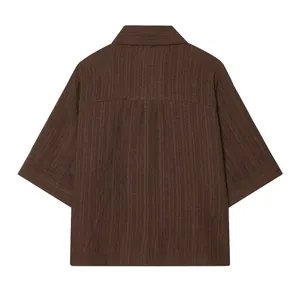 Premium dark brown textured short sleeve lapel shirt back view for women fashion