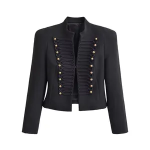 Women's Military Style Slim Fit Blazer Gold Double Breasted Buttons Braided Trim Stand Collar Shoulder Pads Short Jacket