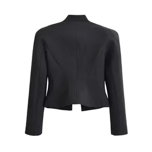 Detailed back view of a chic black slim-fit blazer featuring structured shoulder pads.
